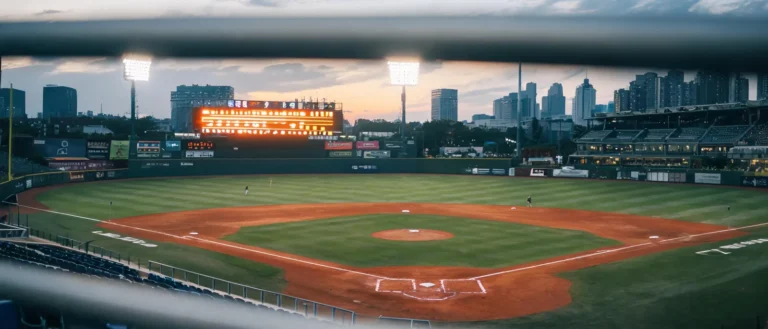 黃昏棒球場全景，外野後方記分板在逆光中亮起，示意 MLB 比賽的局數與比分結構
