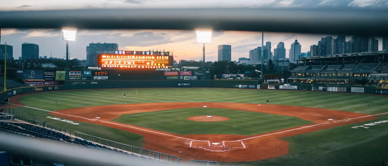 黃昏棒球場全景，外野後方記分板在逆光中亮起，示意 MLB 比賽的局數與比分結構